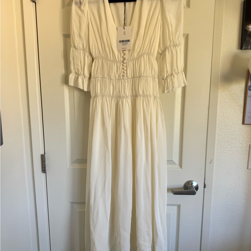 Reformation White Smocked Midi Dress with Puff Sleeves